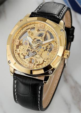 Механічний годинник з автопідзаводом forsining skeleton (black-gold) — гарантія 12 місяців