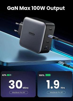 Сетевое зарядное устройство ugreen usb c 4-портовый адаптер для быстрой зарядки gan 100 вт вилка eu (cd226)4 фото