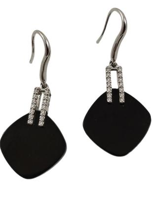 Золотые серьги-подвески с бриллиантами и ониксом с111-0412