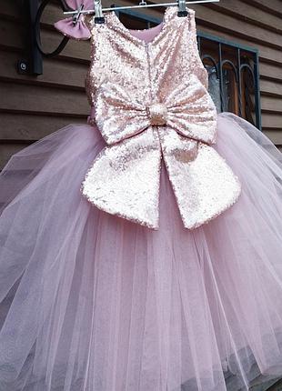 Платье в цвете пудры детское фатиновое пышное с бантом выпускное по заказу по замерам