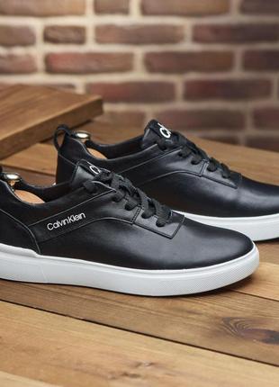 Стильные молодежные кожаные calvin klein кеды, мужские осенние кеды черные с белой...