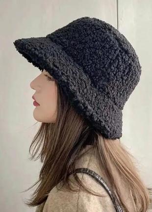 Панамка чорна тепла на зиму панама, панамка тедді чорного кольору шапка на зиму панама зимова з овечої вовни