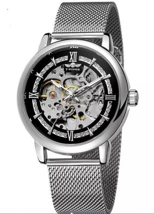 Механические часы t-winner skeleton, мужские оригинальные наручные часы, серебряные часы гарантия 12 месяцев