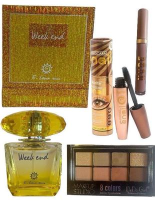Подарок женщине/девушке: духи e. lena sun week end 30ml, тушь для ресниц snail karite, тени, жидкая помада