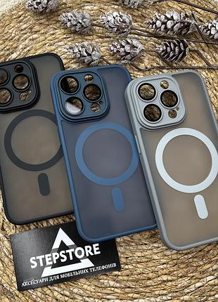 Чехол для iphone 15 pro с линзами на камеру magsafe матовый с цветным ободком прозрачный противоударный магнит