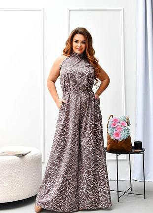 Комбинезон брючный женский с широкими штанами палаццо юбка зелёный бежевый розовый черный белый коричневый цветочек лео зебра батал