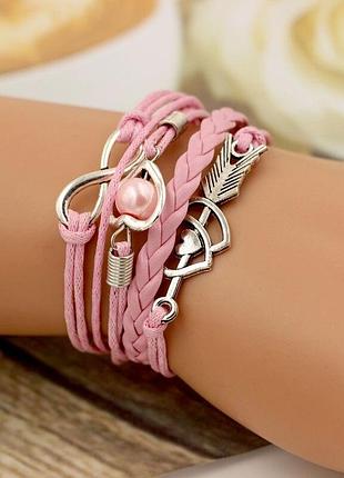Стильный женский браслет с бесконечностью и сердцем розовый