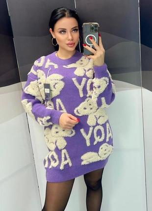 Жіночий теплий подовжений светр-туніка з ведмедиками aqy вовна/акрил