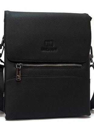 Сумка мужская кожаная на плечо черная на два отсека с перегородкой на молнии внутри bretton 5432-3