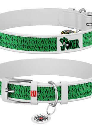 Нашийник для собак шкіряний waudog design з qr паспортом, малюнок "джокер", m, ш 20 мм, дов 29-38 см білий