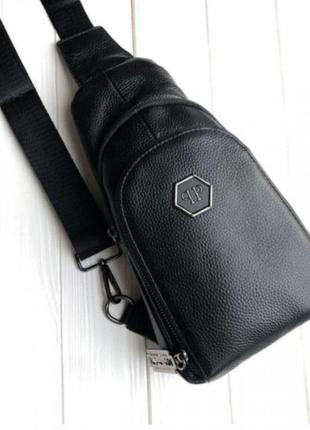 Мужская кожаная сумка слинг philipp plein через плечо black