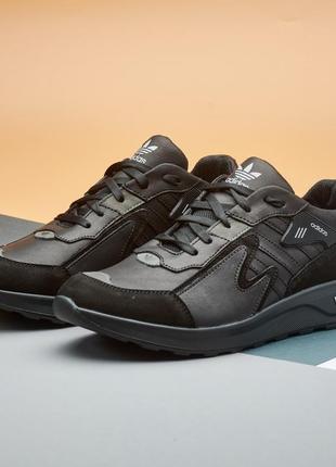 Спортивные кроссовки кожаные adidas мужские черные, осенние кроссовки осень-весна демисезонные *а-5* 42-28 см