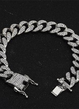 Чоловічий металевий браслет, ланцюг на руку, сріблястий з інкрустацією 10 мм.