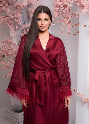 Жіночий шовковий халат зі страусовим пір'ям бордо serenade 999