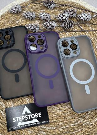 Чехол для iphone 14 pro max с линзами на камеру magsafe матовый с цветным ободком прозрачный противоударный