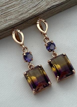 Серьги из золота с прямоугольным и круглым аметрином 12.62