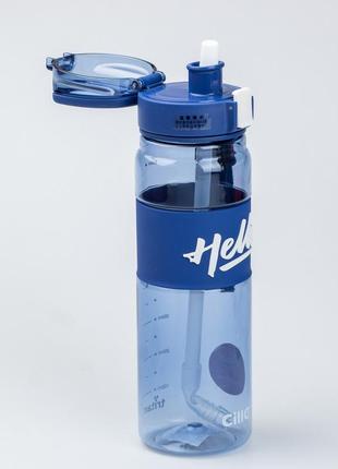 Пляшка для води спортивна 860 мл тритан з ремінцем та ручкою hello синя