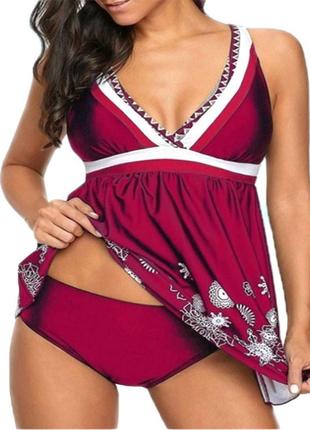 Купальник-сукня жіноча роздільна танкіні великий розмір 4xl 54 бордовий з білим принтом