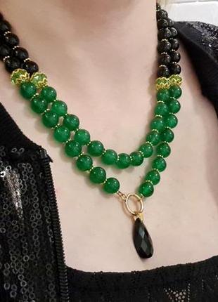 🔺🖤💚 двухрядное колье-ожерелье из натурального нефрита и черного оникса9 фото