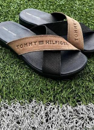Шкіряні літні шльопанці tommy hilfiger колі койот, чорний