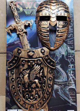 Большой набор рыцаря: маска, щит, меч 50 см. бронза. подарочная упаковка