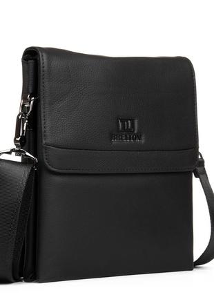 Сумка мужская кожаная на плечо черная с карманами на 3 отдела под молнией с перегородкой bretton 1665-4