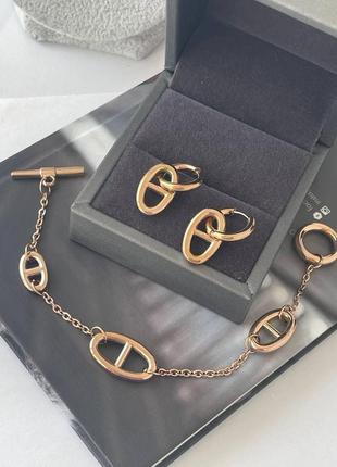 Комплект серьги и браслет, stainless steel, позолоченный
