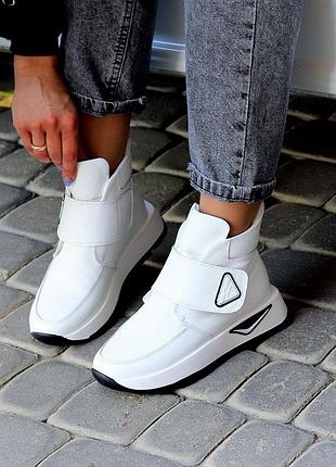 2 кольора/кожаные💯теплые зимние кроссовки на липучке/на меху белые черные ботинки сапоги кеды утепленные теплые