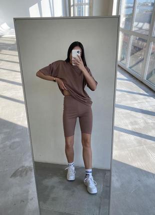 Костюм в рубчик футболка вільного крою оверсайз майка короткі шорти на високій посадці велосипедки комплект спортивний чорний коричневий рожевий