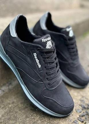 Осенние весенние мужские кожаные кроссовки reebok (рибок) черные удобные из кожи весна осень *r17 чер/сер*