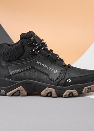 Зимові чоловічі шкіряні кросівки merrell на хутрі, натуральні чорні спортивні кросівки *м-5 чорн/сер*