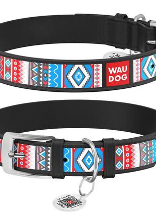 Нашийник для собак шкіряний waudog design з qr паспортом, малюнок "етно", m, ш 20 мм, дов 29-38 см, чорний