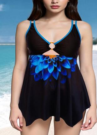 Купальник-платье женский раздельный танкини большой размер 4xl 54 черный с синим узором