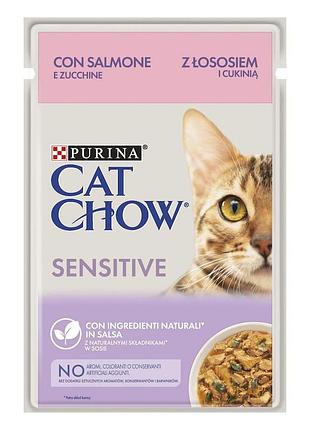 Акция cat chow sensitive с лососем и цукини влажный корм для кошек 85 г