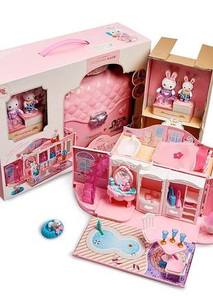 Спальня зайчиков в чемоданчике. спальня для флоксовых игрушек. милые зайчики.