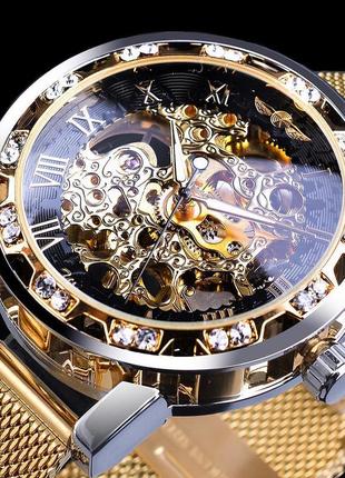 Механічний годинник winner skeleton, золотий годинник віннер скелетон, чоловічий механічний годинник, оригінальний годинник