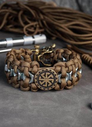 Паракордовий браслет hex nut з намистиною коловорот та застібкою ведмідь ручного лиття з бронзи
