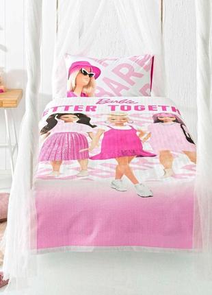 Літній односпальний комплект з покривалом-піке tac barbie better / простирадло на резинці