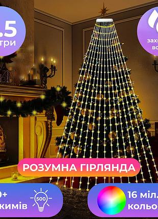 Гирлянда с кольцом на елку 2.5 метра smart 250 led управление телефоном и пульт usb белый провод