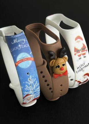 Комплект силіконових ремінців mrk різдвяний santa (3 ремінці) для xiaomi mi band 5/6/7 з металевою кнопкою (mrk3217)