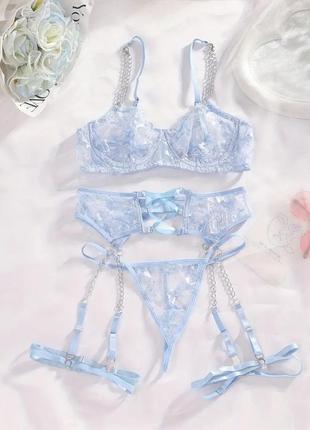 Інтимна еротична сексуальна жіноча нижня білизна комплект набір з поясом та гартерами блакитний з ланцюжками