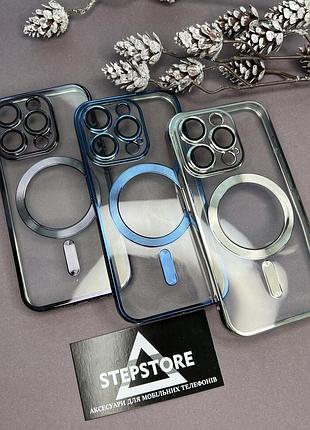 Чехол бампер для iphone 15 pro с magsafe линзы на камеру прозрачный хромирован ободок противоударный