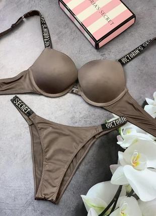 Комплект жіночий victoria's secret model rhinestone топ + трусики коричневий