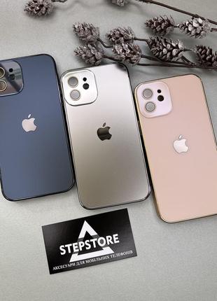 Чохол для iphone 12 скляний із хромованим обідком glass titanium case з лінзами на камеру матовий