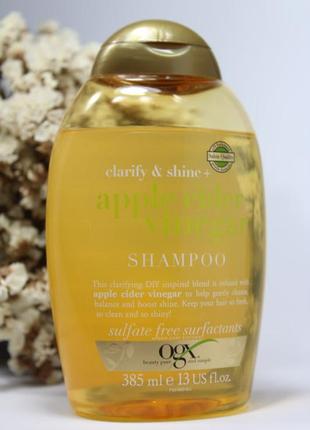 Бессултфатный очищающий шампунь для блеска и шелковистости ogx apple cider vinegar с яблочным уксусом сбалансированный ph