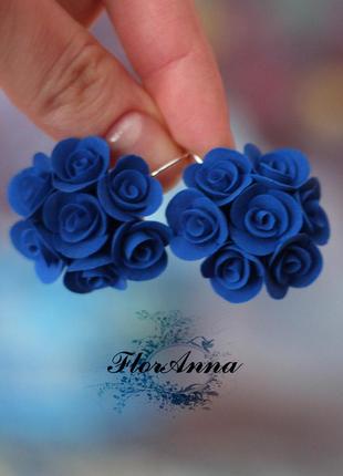 Синие  серьги розы из полимерной глины. оригинальный подарок девушке "элегантность"