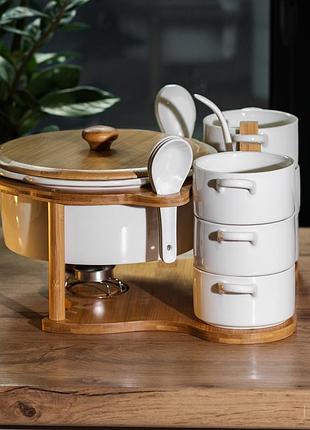 Суповий сервіз супниця 1.8 л піали бульйонниці по 250 мл 6 штук з ложками на дерев'яній підставці