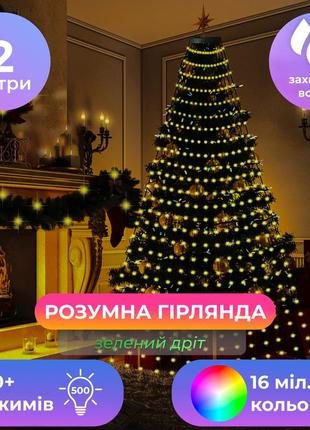 Гирлянда с кольцом на елку 2 метра smart 200 led управление телефоном и пульт usb зеленый провод2801