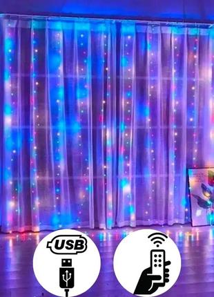 Світлодіодна гірлянда штора з пультом мультик 3х2 м від usb 200 led кімнатна гірлянда завіса smarts