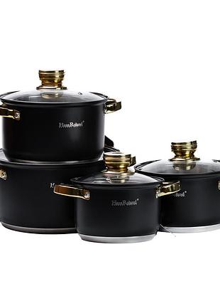 Набір каструль з нержавіючої сталі з товстим дном 4 шт зі склянною кришкою, чорний